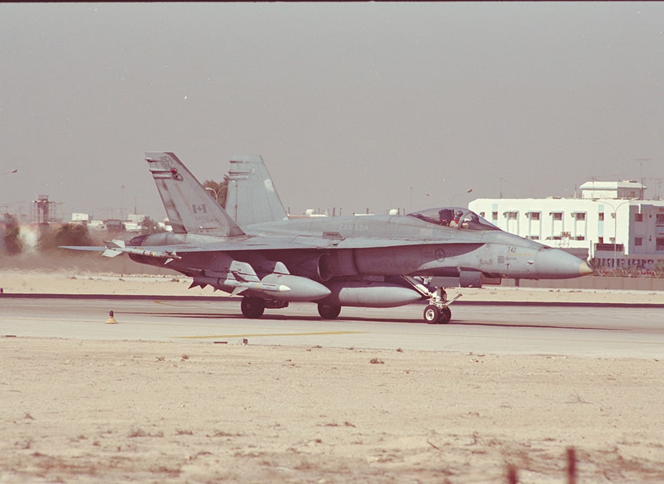 A CF 188 on the runway in the Middle East.
